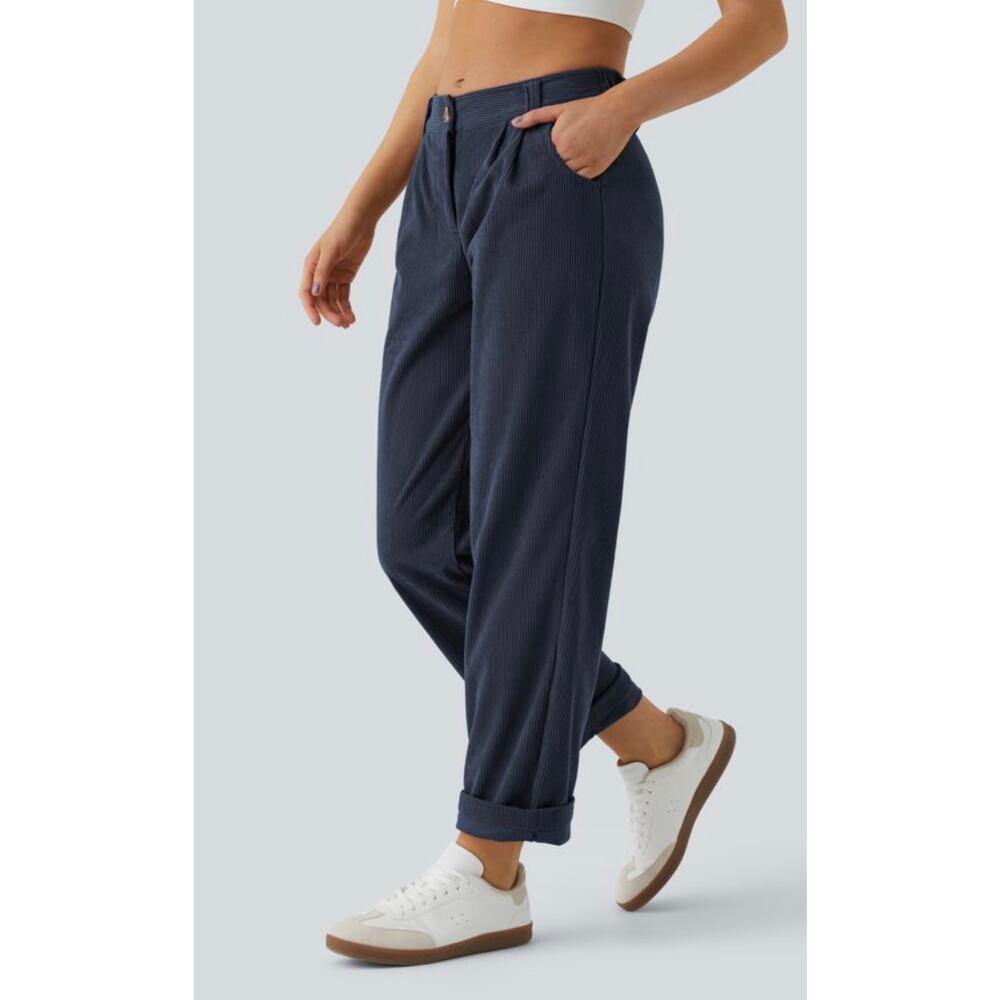 NWT Halara Blue Mid Rise Zipper Pocket Corduroy Smart Casual Women Pants-Size L